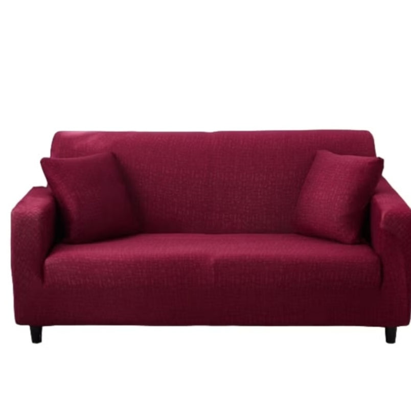 Huitich red two seater sofa cover fitted on a sofa with two matching cushions