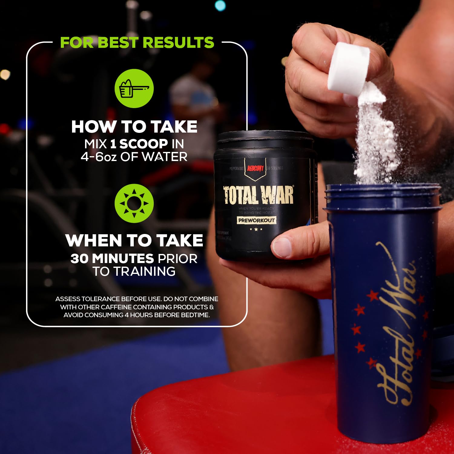 Redcon1 Total War pre workout UAE jar and scoop pouring powder into Total War shaker with usage instructions