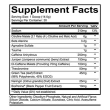 Supplement Facts nutrition panel for pre workout, 1 scoop serving, 30 servings shown