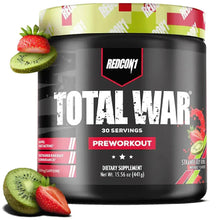 Strawberry kiwi pre workout supplement tub, black Redcon1 Total War tub with 30 servings