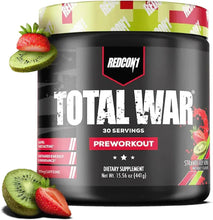 Strawberry kiwi pre workout supplement tub, black Redcon1 Total War label, 30 servings