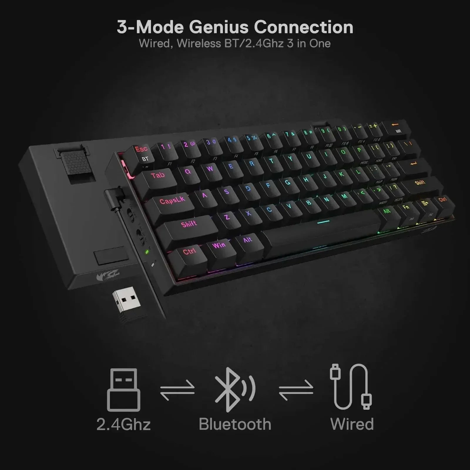 Wireless mechanical keyboard with USB dongle and multicolor backlit keys