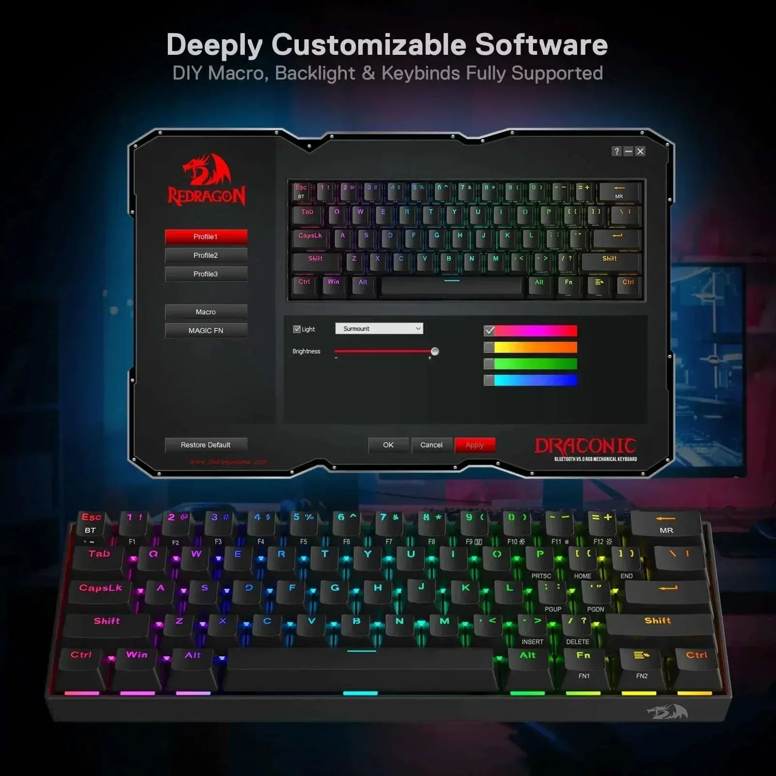 Wireless RGB mechanical keyboard with multicolor backlit keys and key customization UI