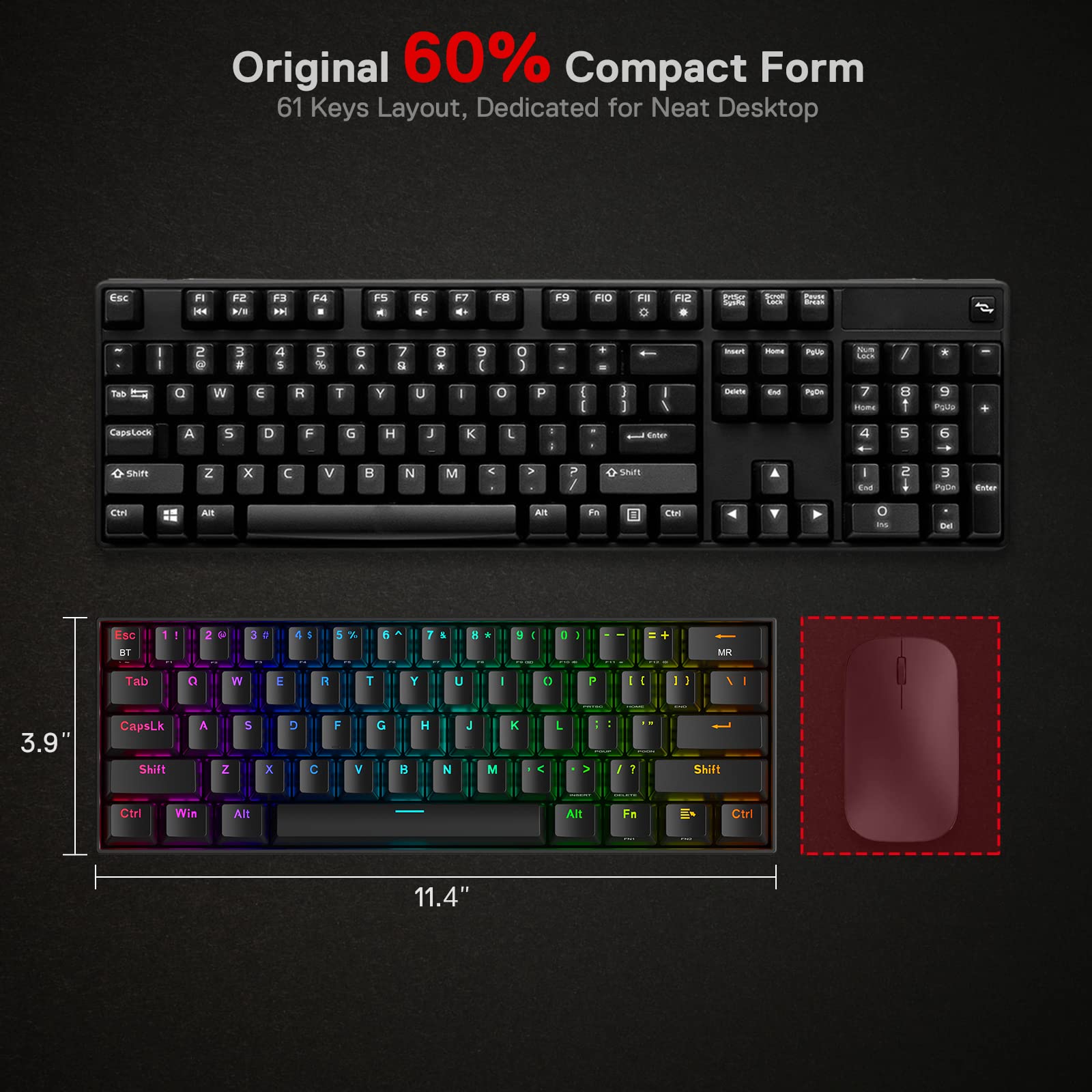 Redragon mechanical keyboard for Windows Mac Android with 60 percent compact layout and RGB backlighting