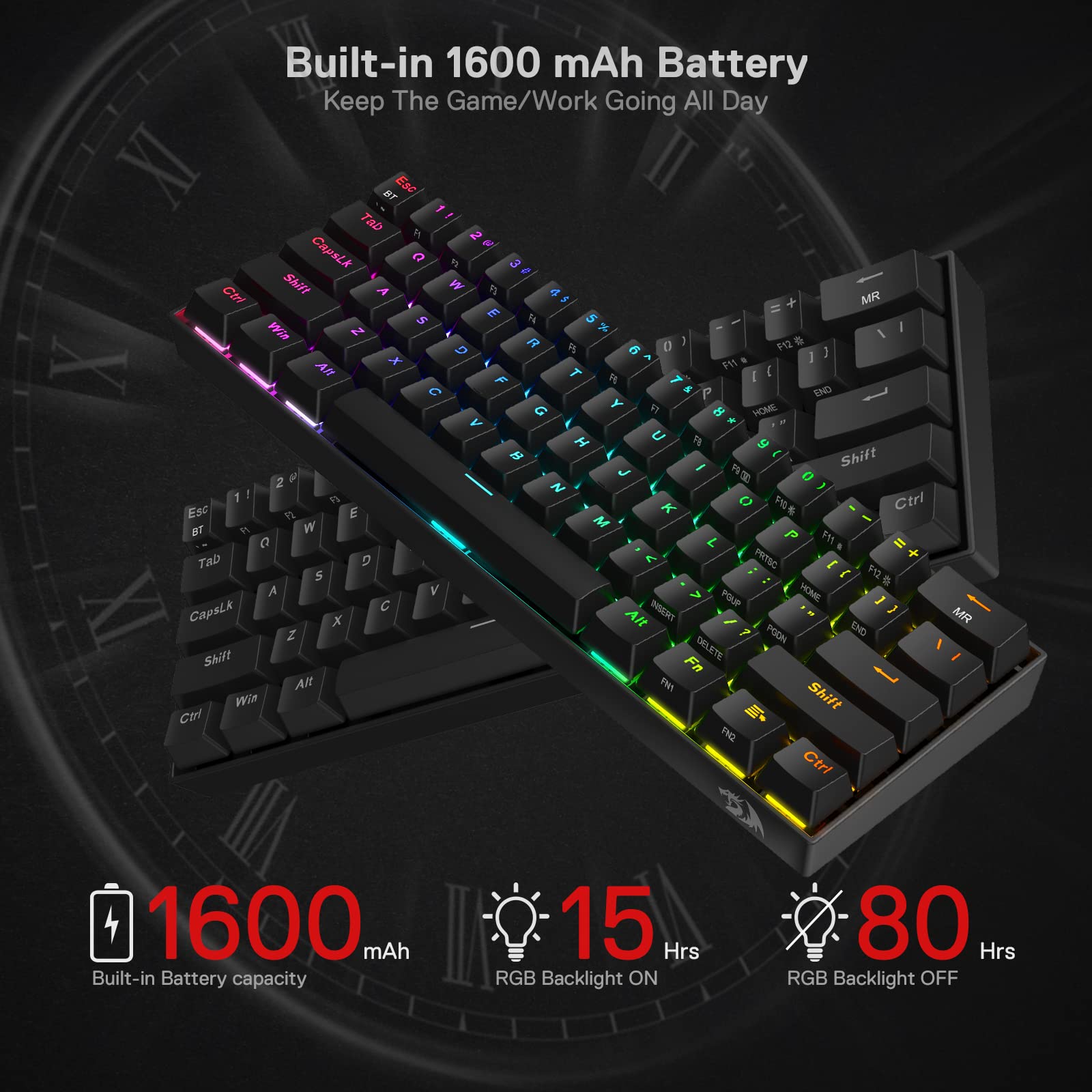 Redragon mechanical keyboard for Windows Mac Android with built-in 1600 mAh battery and RGB backlight