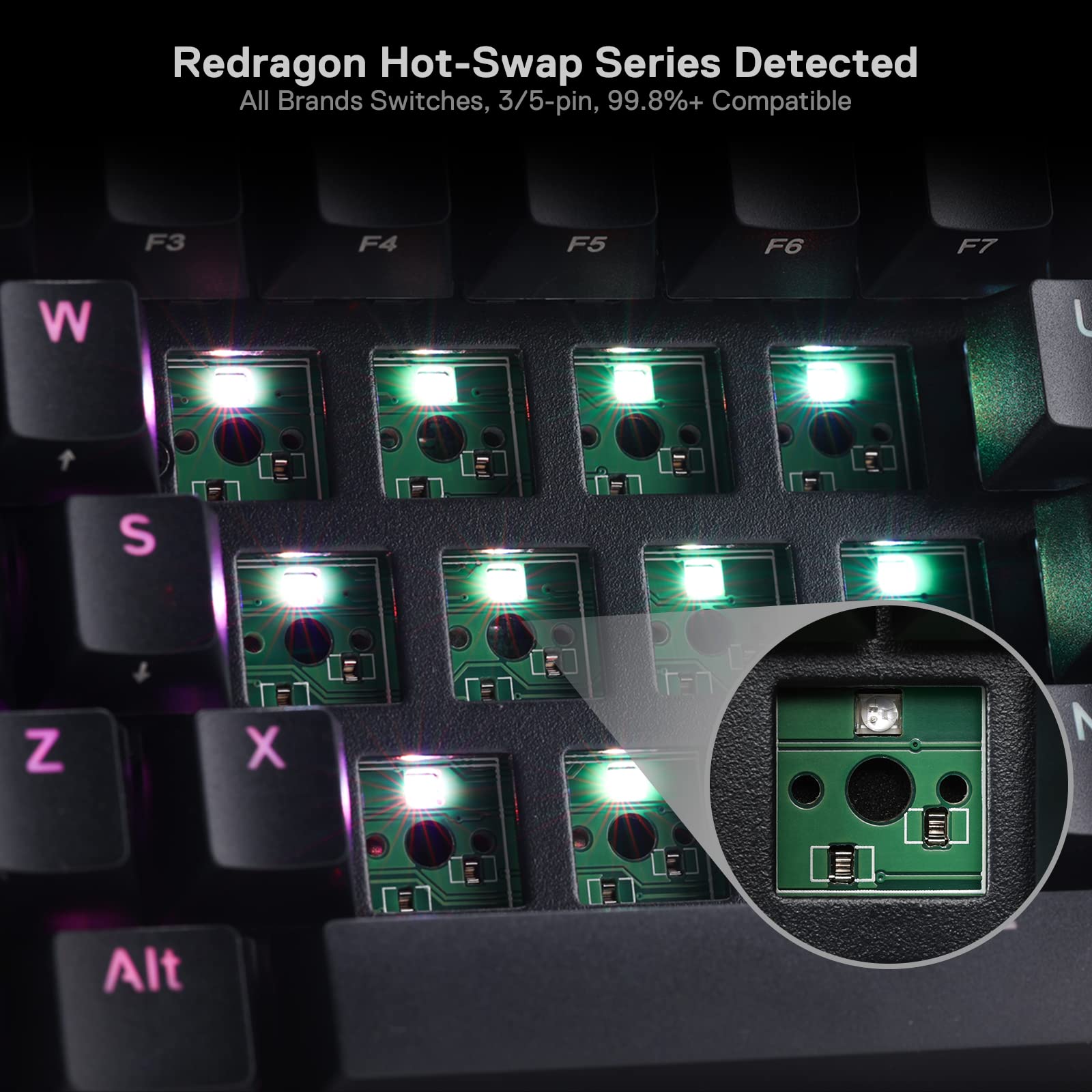 Redragon mechanical keyboard for Windows Mac Android showing hot-swap switch sockets with green PCB and LED lighting