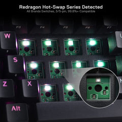 Redragon mechanical keyboard for Windows Mac Android showing hot-swap switch sockets with green PCB and LED lighting