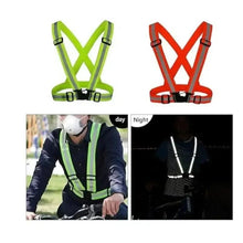 Reflective safety belt with lime green or red straps, X-back design, and black buckles