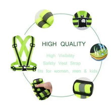 Reflective safety vest strap set in lime green with black buckles and reflective stripes