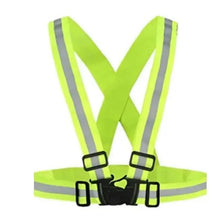 Lime green reflective safety belt with black buckles and wide X-back straps