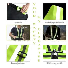 Reflective safety belt with lime green straps, gray reflective bands, and adjustable buckles
