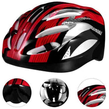 Skate helmet with red and black graphic shell and white decals