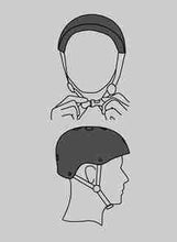 Skate helmet with chin strap shown on a head diagram