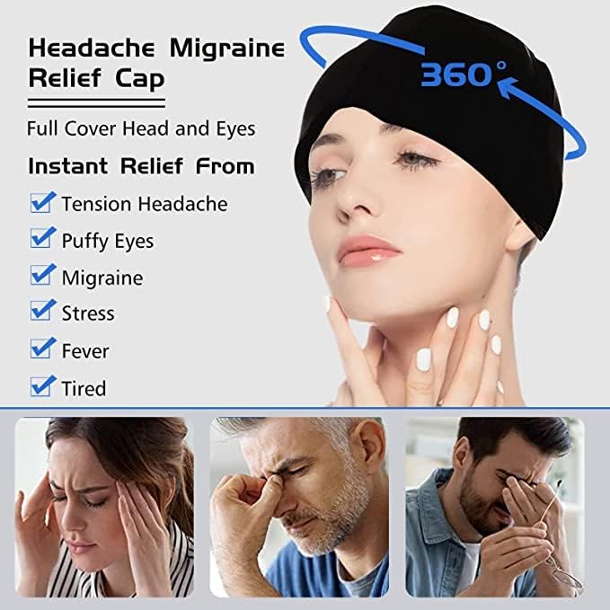 VANLON black migraine relief cap on model showing full head coverage with icons for headache and eye relief