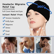 Black headache relief cap covering head and eyes on model