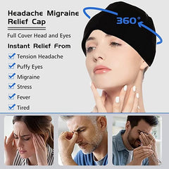 VANLON black migraine relief cap on model showing full head coverage with icons for headache and eye relief