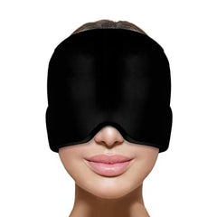 VANLON black migraine relief cap covering forehead and eyes on model for comfort and light blocking