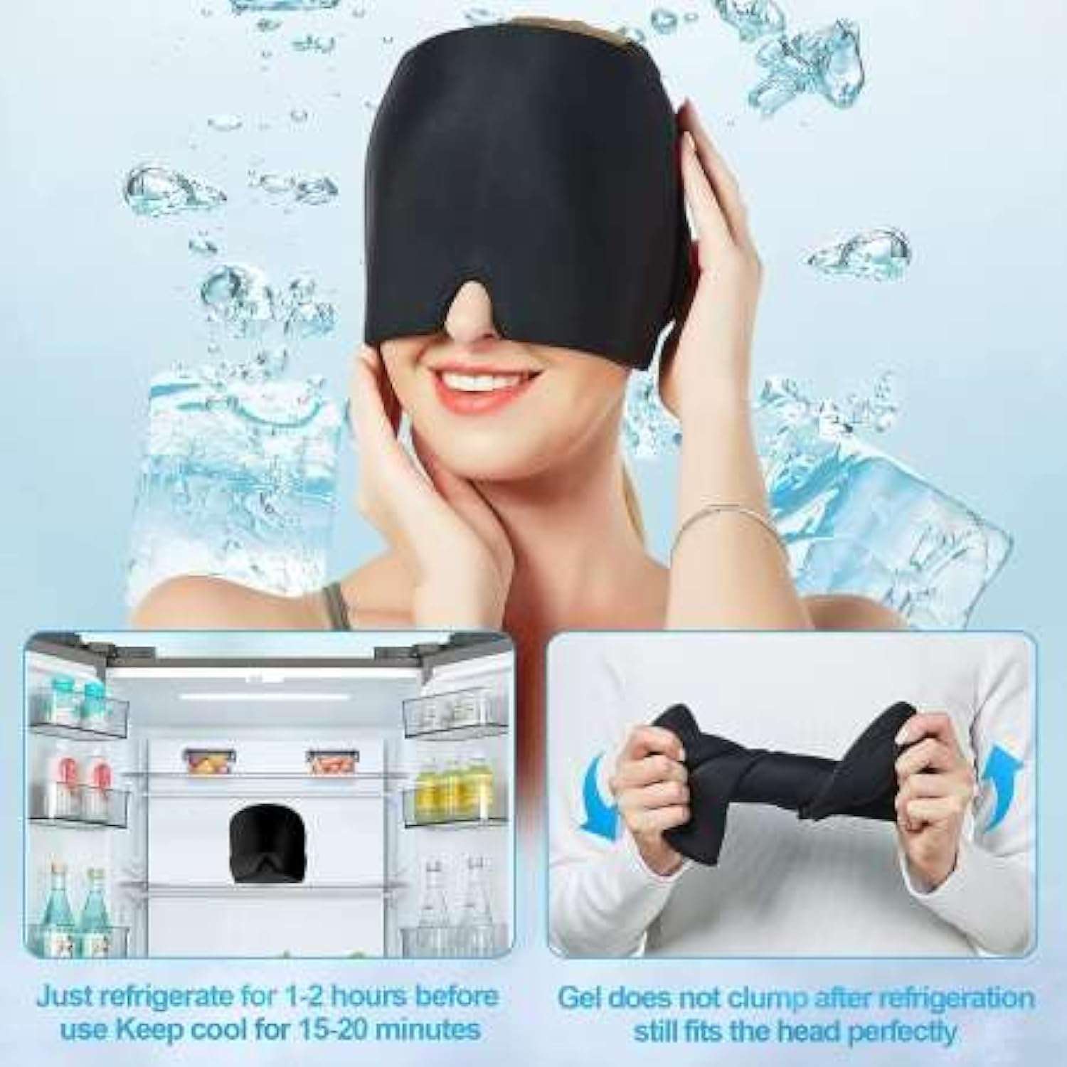 VANLON migraine relief cap black cooling gel eye mask worn by smiling woman with fridge and gel insets