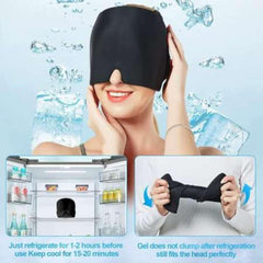 VANLON migraine relief cap black cooling gel eye mask worn by smiling woman with fridge and gel insets