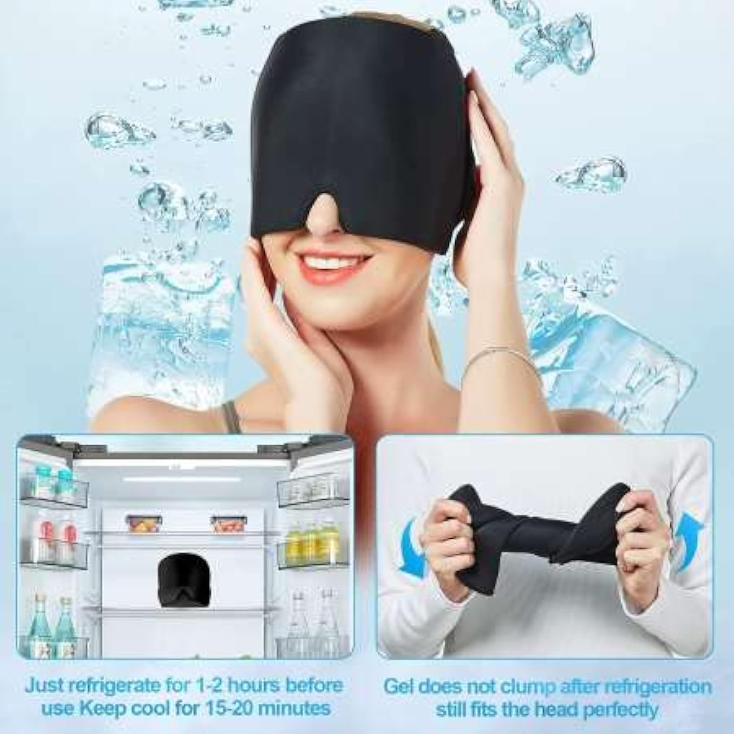 VANLON migraine relief cap black cooling gel eye mask worn by smiling woman with fridge and gel insets