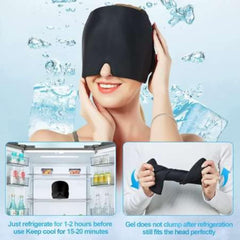 VANLON migraine relief cap black cooling gel eye mask worn by smiling woman with fridge and gel insets