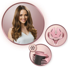 Remington PROluxe heatable hair rollers shown with styled long curly hair and roller close-ups in pink