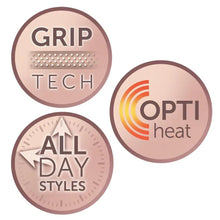 Feature icons: grip tech, opti heat, and all day styles