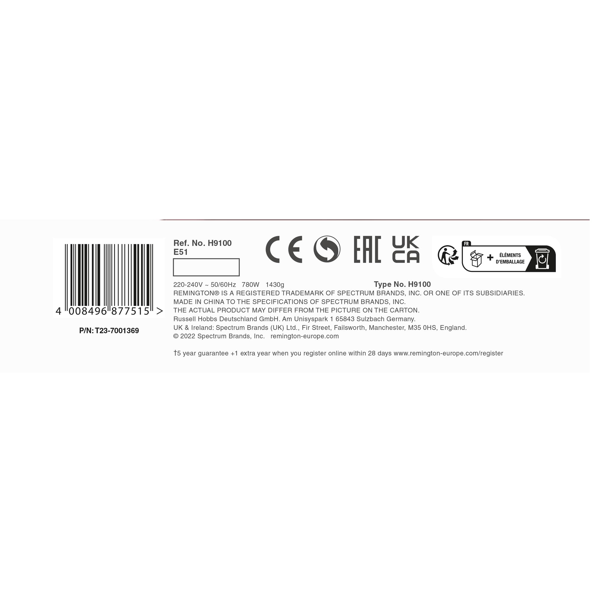 Remington PROluxe heatable hair rollers packaging label with product details and barcode