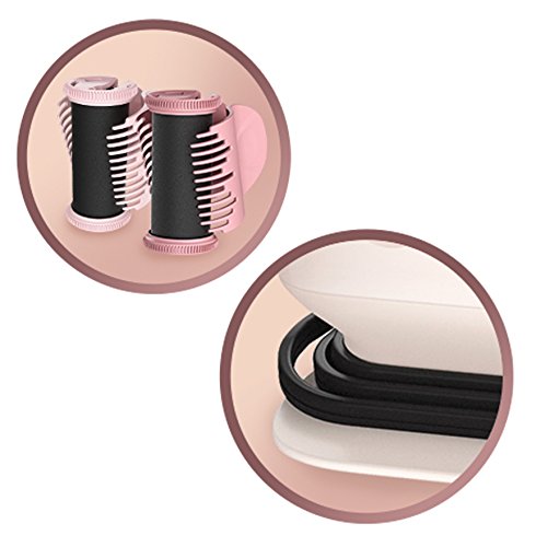 Close-up views of Remington PROluxe heatable hair rollers showing black rollers with pink comb clips and white roller base details