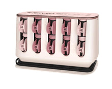 Heatable hair rollers base with pink and black roller barrels, front view