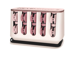 Remington PROluxe heatable hair rollers in a white and pink storage case with clips included