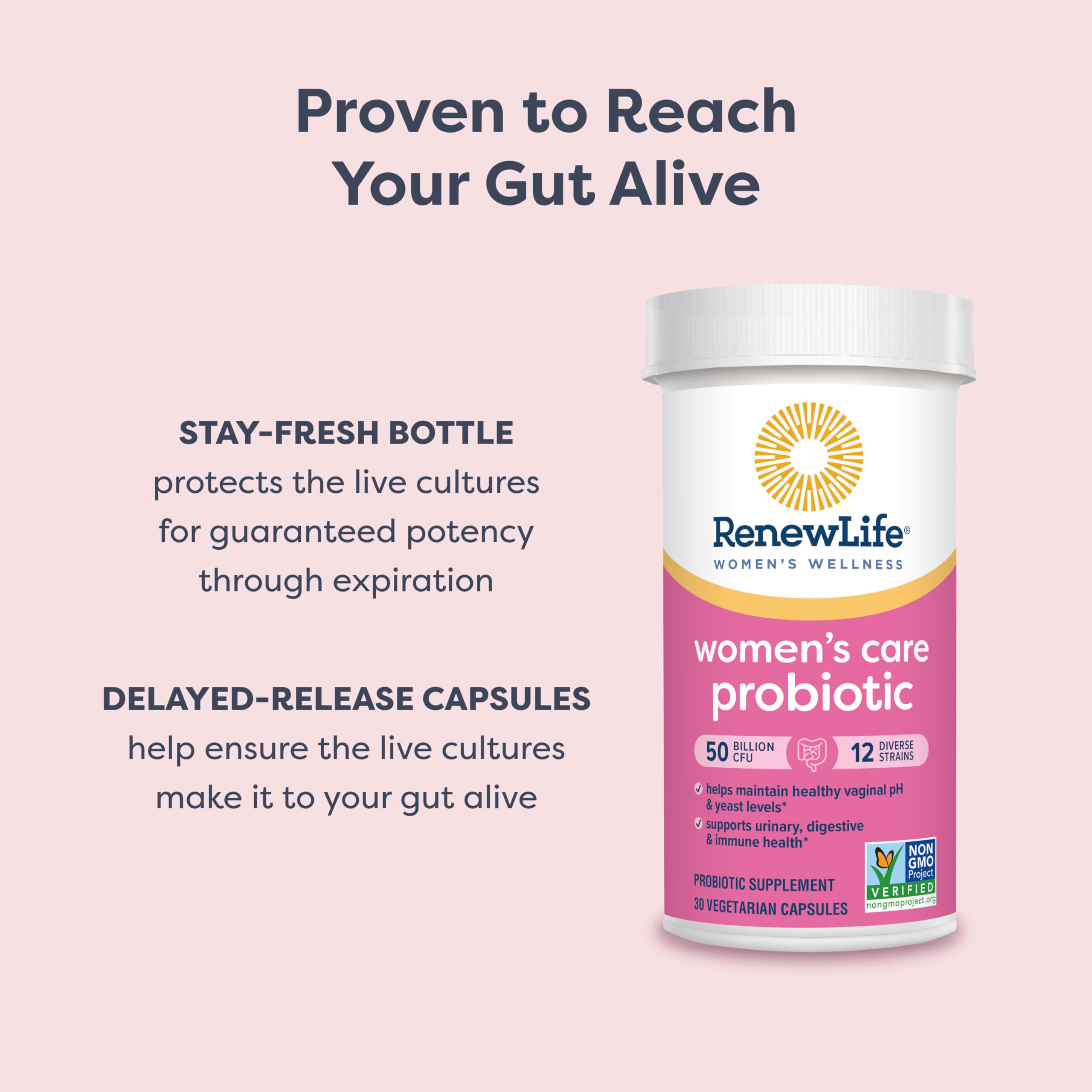 Renew Life women's care probiotic bottle with pink label and benefits listed, women's probiotics 50 billion
