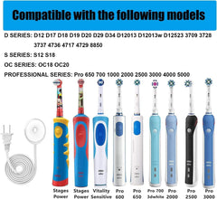 Oral b electric toothbrush charger UK shown with white plug charger and cable alongside multiple Oral B brush handles
