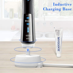 Black Oral B electric toothbrush on white inductive charging base with toothpaste tube Oral b electric toothbrush charger UK