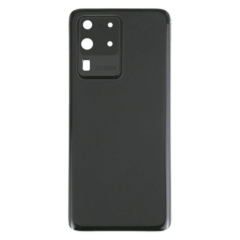 Black glossy Samsung Galaxy S20 Ultra battery back cover replacement with camera module cutouts and 100X marking