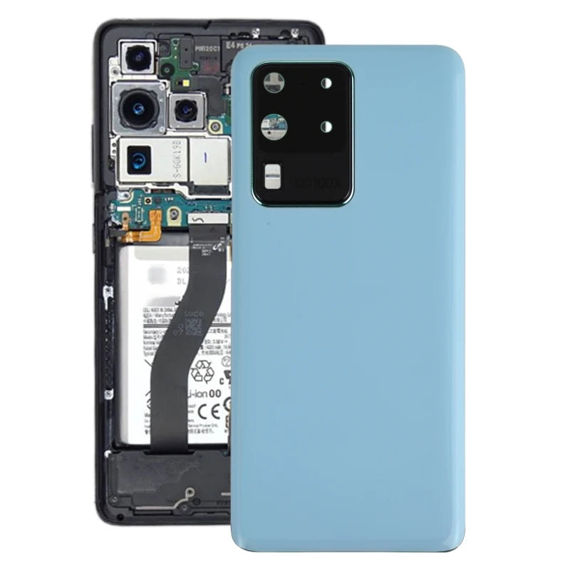 Mumzar light blue Samsung Galaxy S20 Ultra battery back cover shown beside phone internals and camera module