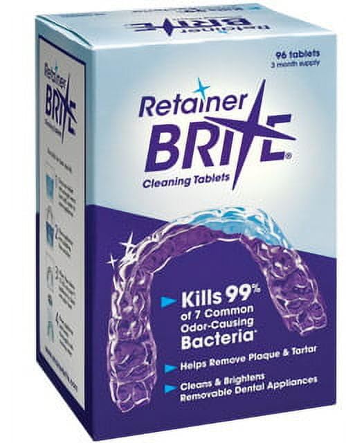 Retainer Brite cleaning tablets box with purple retainer graphic and 96 tablet count for removable dental appliances