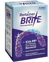 Retainer Brite cleaning tablets box with purple retainer graphic and 96 tablet count for removable dental appliances