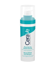 Resurfacing retinol serum bottle with teal and white label, clear pump cap