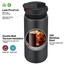 Black stainless steel travel mug with black leak-proof lid and open drinking rim