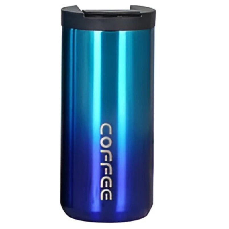 Huitich reusable coffee travel mug in blue with black lid and vertical coffee text