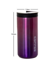 Insulated reusable travel mug, purple metal body with black lid and coffee logo