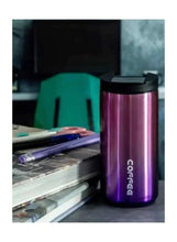 Insulated reusable travel mug with purple metallic body and black lid