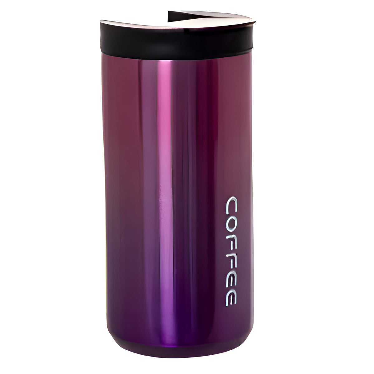 Huitich purple reusable coffee travel mug with black lid and white coffee text