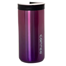 Insulated reusable travel mug, purple metallic finish with black flip-top lid