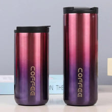 Two insulated reusable travel mugs, purple metallic finish with black lids