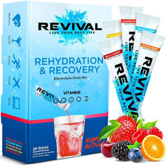 Revival Shots Rehydration Recovery electrolyte drink with fruit sticks and glass of pink beverage electrolyte hydration powder UAE