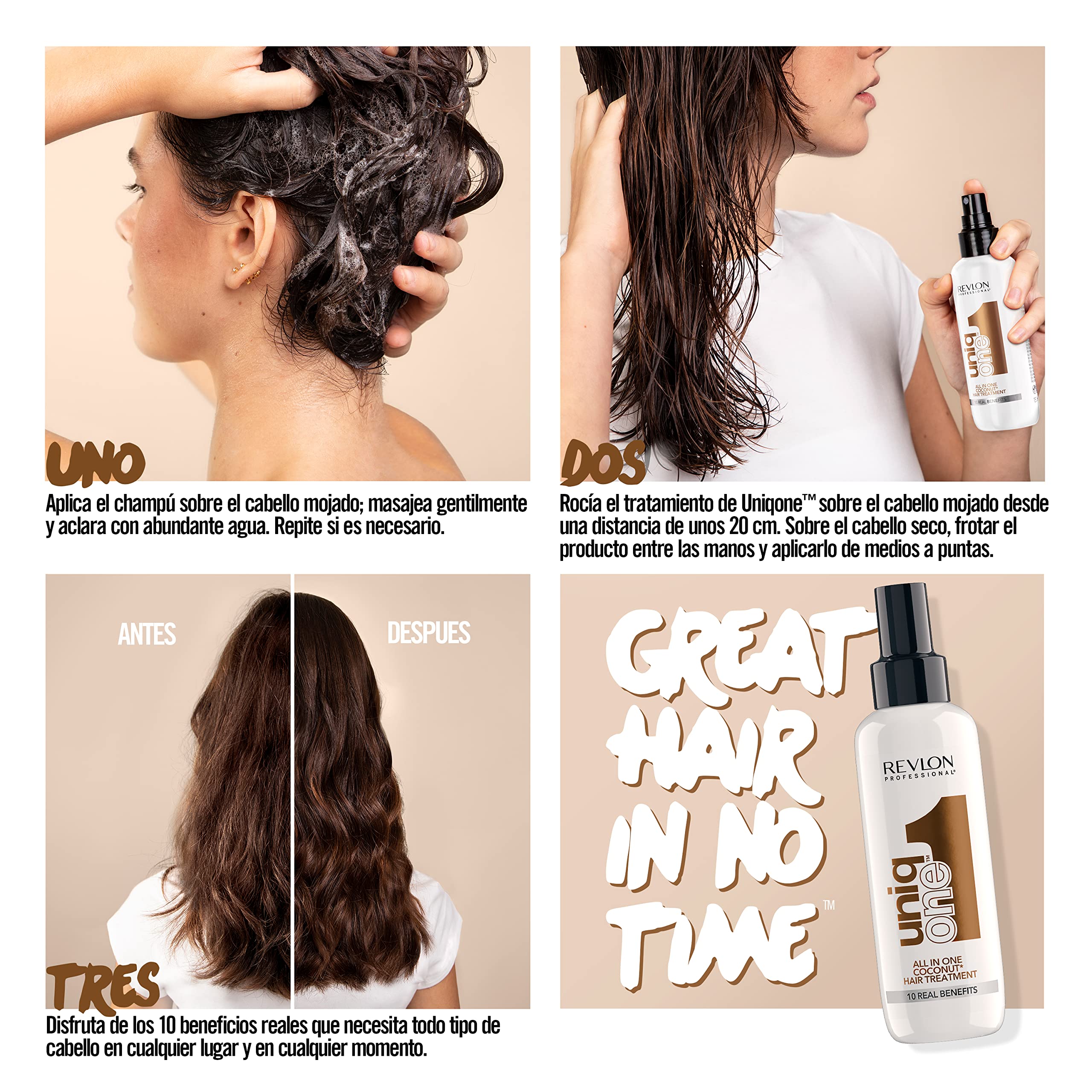 Revlon Uniq One Coconut Hair Treatment spray bottle and before and after results on long brown hair