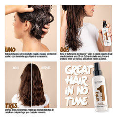 Revlon Uniq One Coconut Hair Treatment spray bottle and before and after results on long brown hair