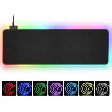 RGB gaming desk mat with black surface, rainbow edge glow, and color options